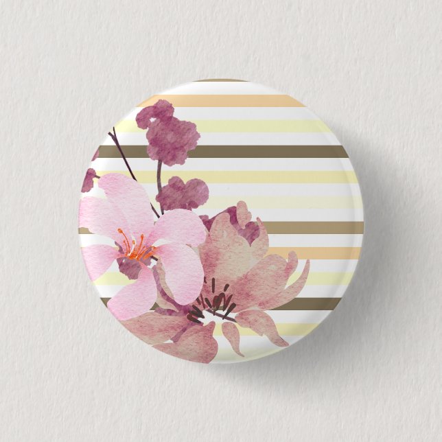 Pretty Blush Coloured Floral Striped 1 Inch Round Button (Front)