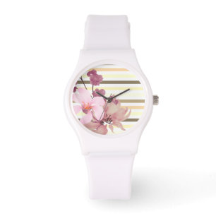 Pretty Blush Coloured Floral Striped  Watch