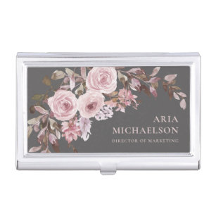 Pretty Blush Floral Bouquet on Grey Business Card Holder