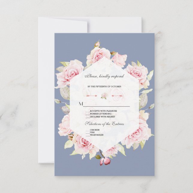 Pretty Blush Floral Geometric Dusty Blue Wedding RSVP Card (Front)