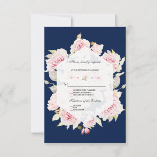 Pretty Blush Floral Geometric Navy Blue Wedding RSVP Card
