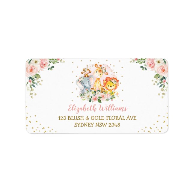 Pretty Blush Floral Jungle Animals Return Address Label (Front)