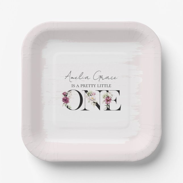 Pretty Blush Floral ONE Baby Girl's First Birthday Paper Plate (Front)