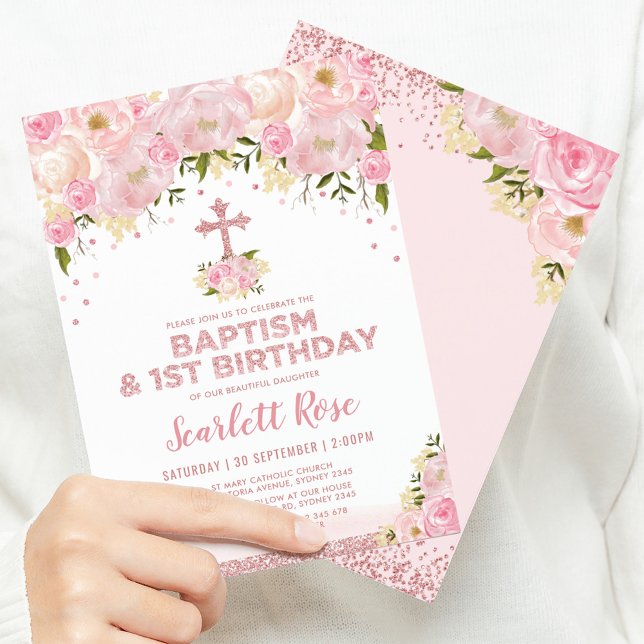 Pretty Blush Floral Rose Gold Baptism 1st Birthday Invitation (Creator Uploaded)