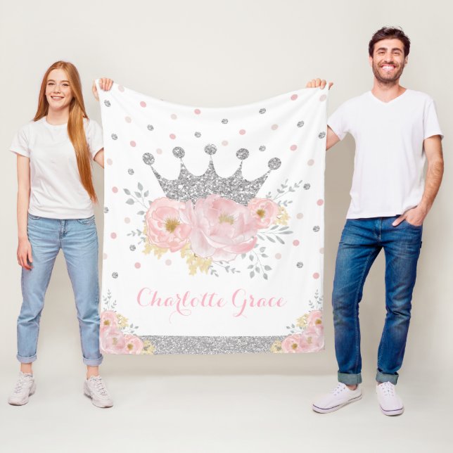 Pretty Blush Floral Royal Princess Silver Crown Fleece Blanket (In Situ)