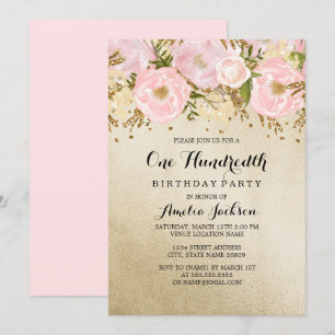 Pretty Blush Gold Pink Floral 100th Birthday Invitation