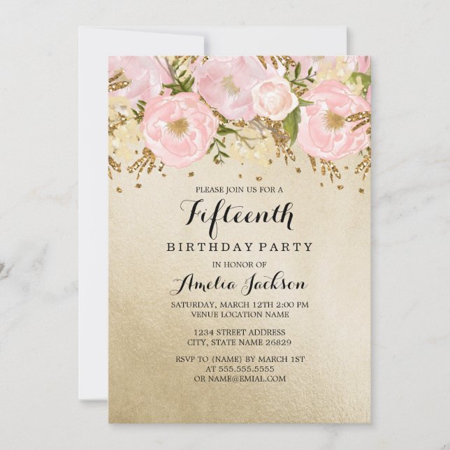 Pretty Blush Gold Pink Floral 15th Birthday Invitation (Front)