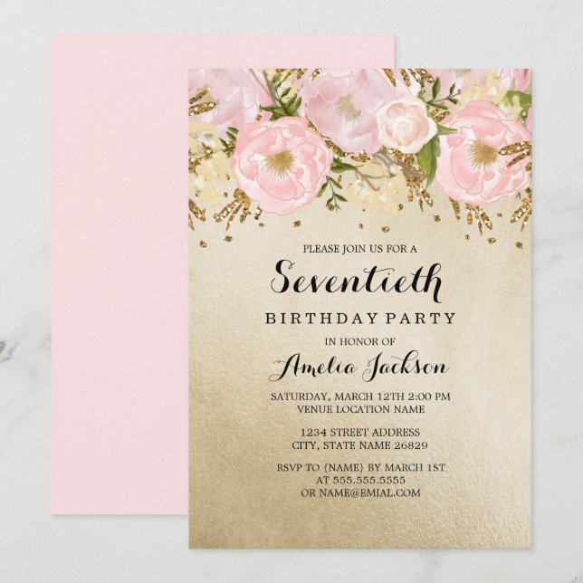 Pretty Blush Gold Pink Floral 70th Birthday Invitation (Front/Back)