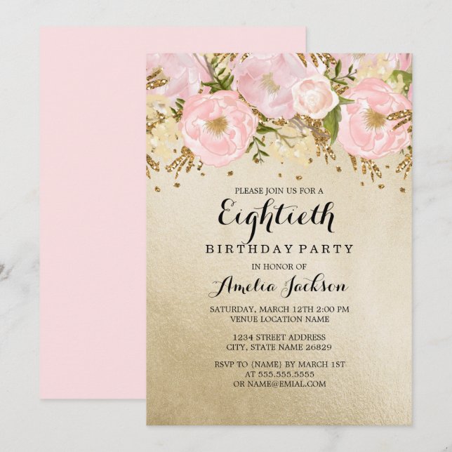 Pretty Blush Gold Pink Floral 80th Birthday Invitation (Front/Back)