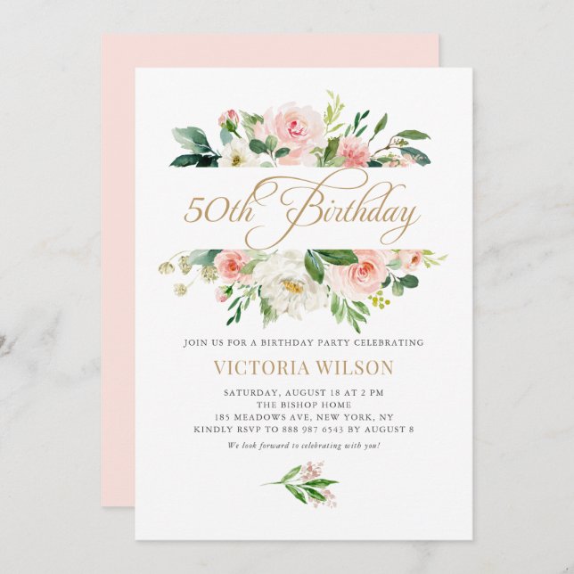 Pretty Blush Peony Floral Frame 50th Birthday Invitation (Front/Back)