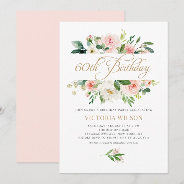 Pretty Blush Peony Floral Frame 60th Birthday Invitation (Front/Back)