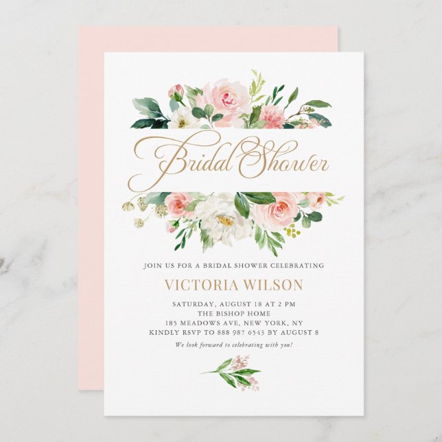Pretty Blush Peony Floral Frame Bridal Shower Invitation (Front/Back)
