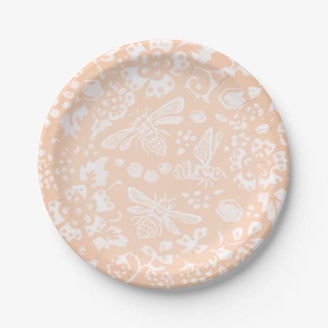 Pretty Blush Pink Bee Floral Garden Pattern Paper Plate (Front)