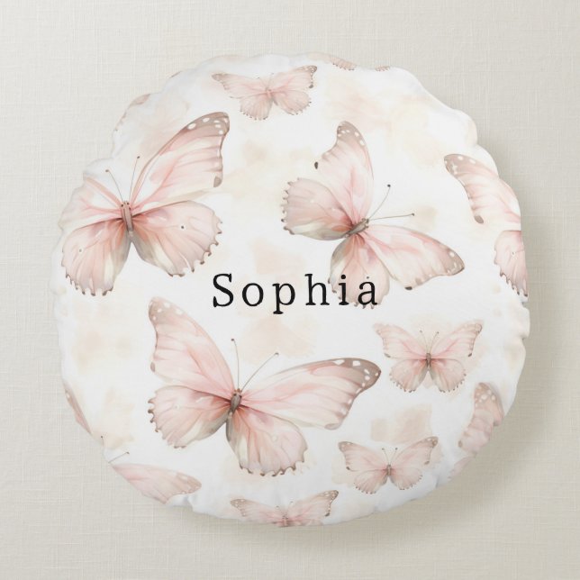 Pretty Blush Pink Butterflies Round Pillow (Front)
