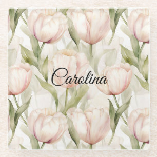 Pretty Blush Pink Cream Tulips Floral Glass Coaster