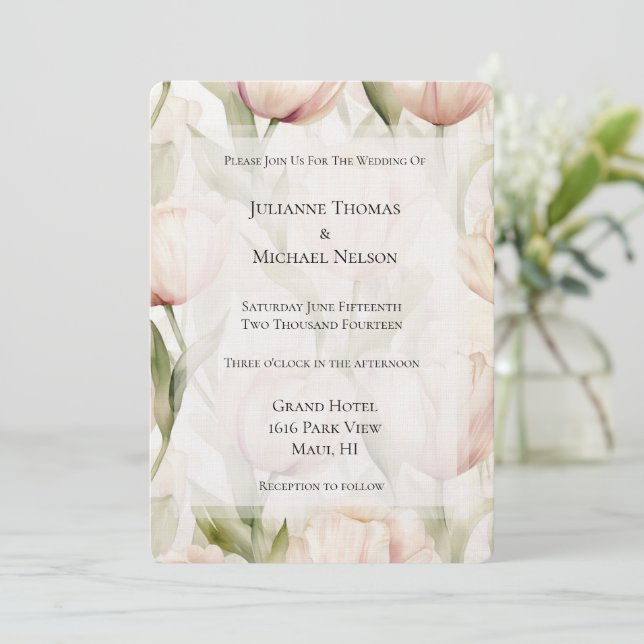 Pretty Blush Pink Cream Tulips Floral Wedding Invitation (Standing Front)
