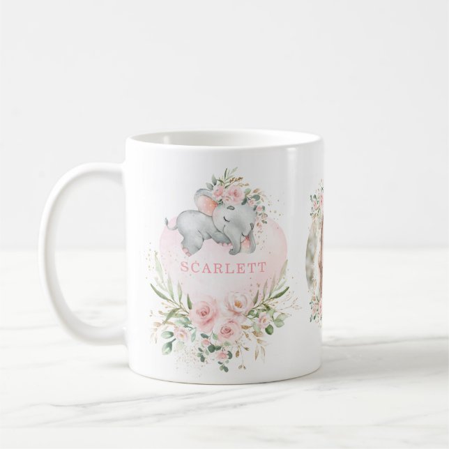 Pretty Blush Pink Floral Baby Elephant Girl Photo Coffee Mug (Left)
