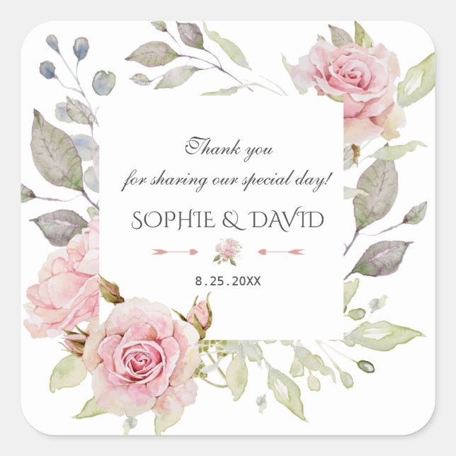 Pretty Blush Pink Floral Bloom Wedding Square Sticker (Front)