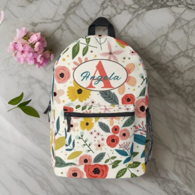 Pretty Blush Pink Floral Botanical Monogram  Printed Backpack (Creator Uploaded)