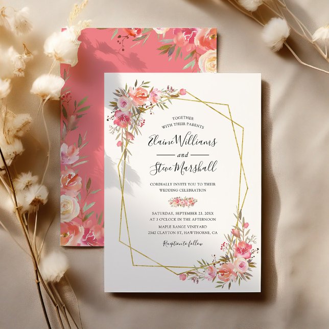Pretty Blush Pink Floral Gold Frame Wedding Invitation (Creator Uploaded)