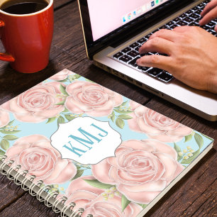 Pretty Blush Pink Floral Monogram Botanical Roses Notebook
