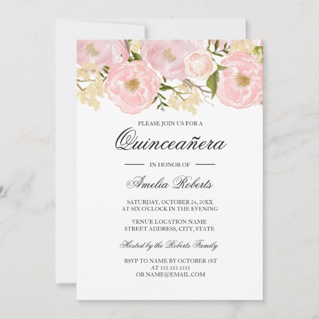 Pretty Blush Pink Floral Quinceanera Invitation (Front)