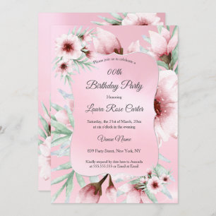 Pretty Blush Pink floral Silver Birthday Party Invitation