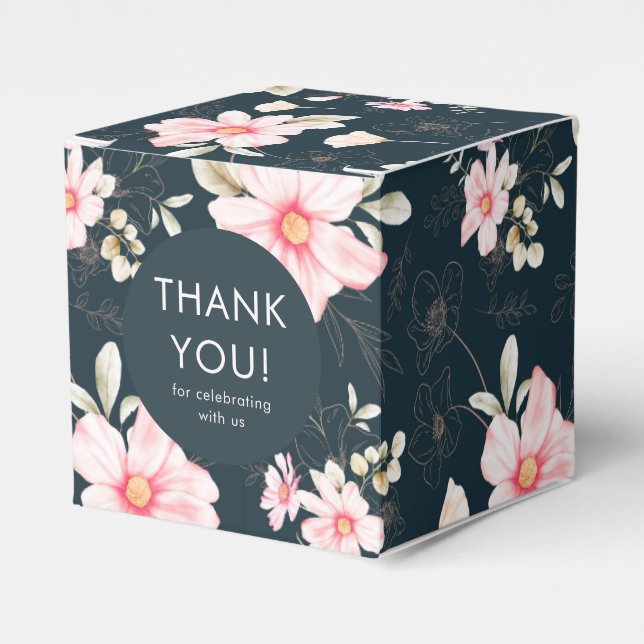 Pretty Blush Pink Floral Wedding Thank You Blue Favor Box (Front Side)