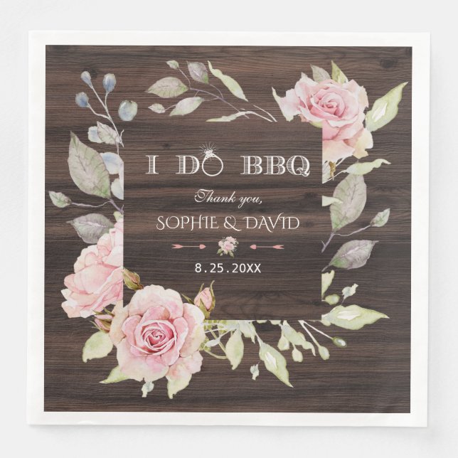 Pretty Blush Pink Floral Wood I DO BBQ Napkin (Front)