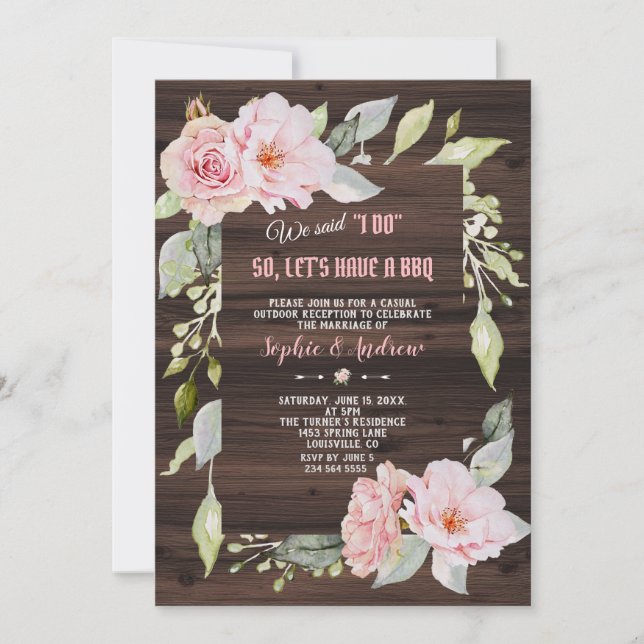 Pretty Blush Pink Floral Wood We Said I DO BBQ Invitation (Front)