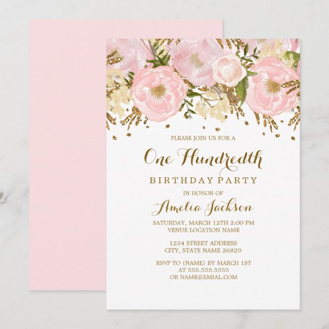 Pretty Blush Pink Gold Floral 100th Birthday Invitation (Front/Back)