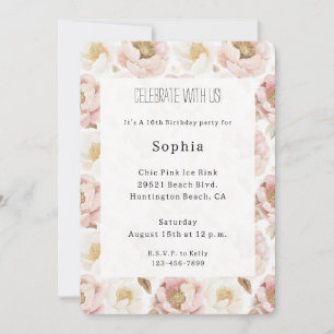 Pretty Blush Pink Gold Floral Birthday Invitation