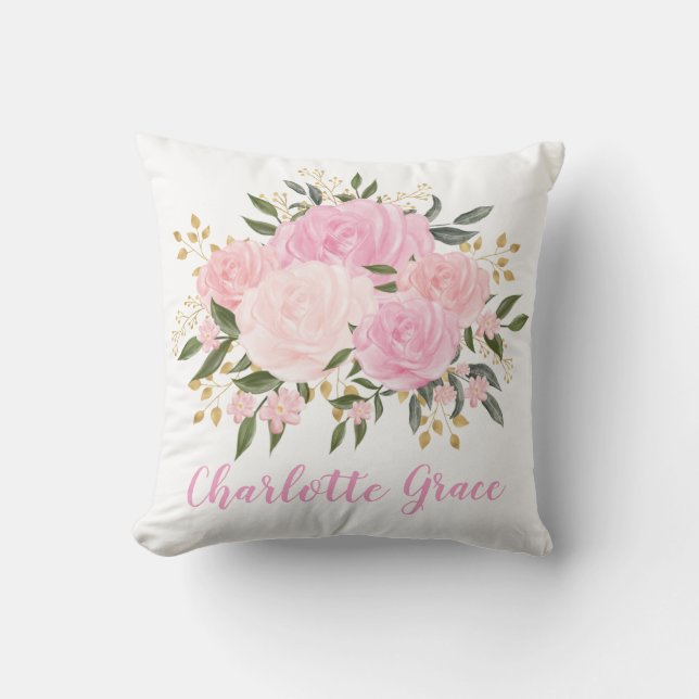 Pretty Blush Pink Gold Floral Greenery Baby Girl Throw Pillow (Front)