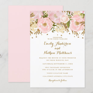 Pretty Blush Pink Gold Floral Wedding Invitation