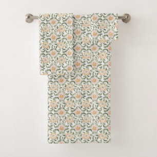 Pretty Blush Pink Green Leaves Floral   Bath Towel Set