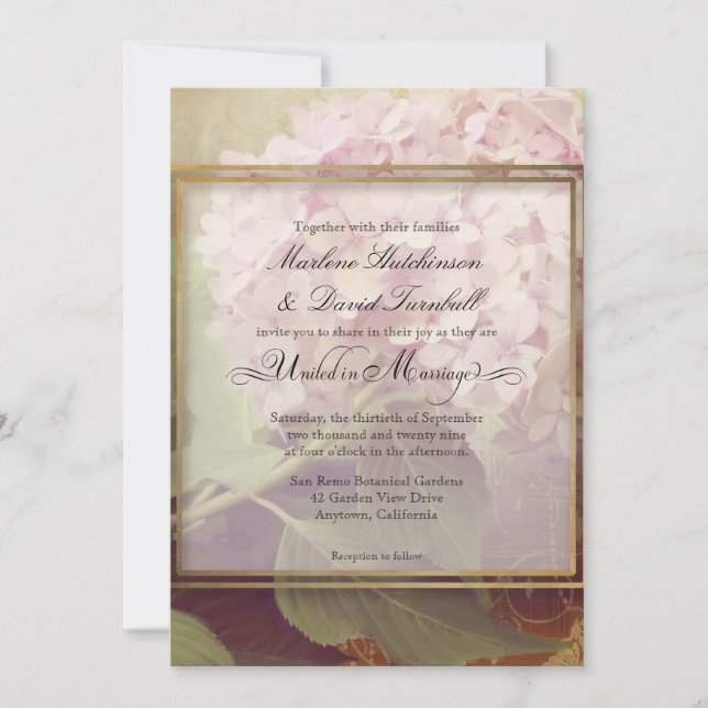 Pretty Blush Pink Hydrangea Art Vintage Wedding Invitation (Front)