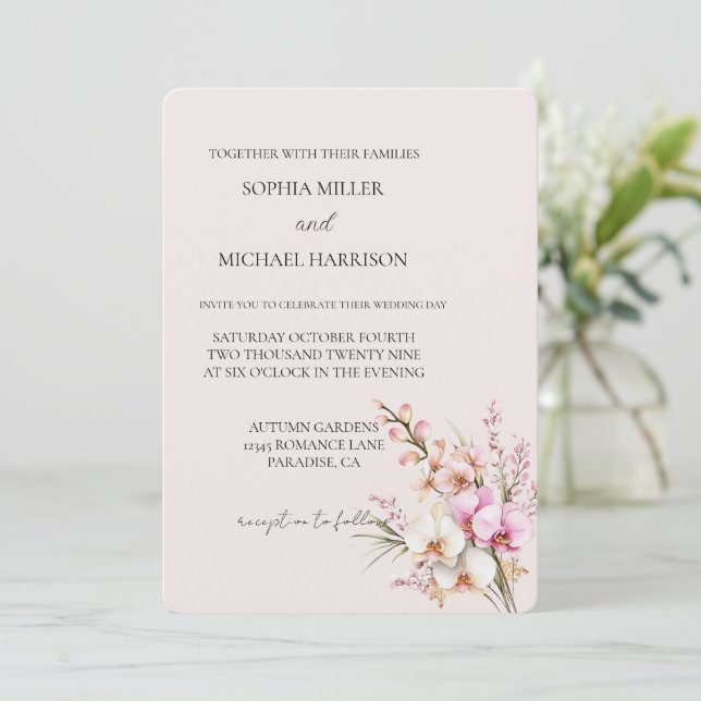 Pretty Blush Pink Orchid Floral Wedding Invitation (Standing Front)