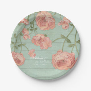 Pretty Blush Pink Peach Roses Wood Fence Vintage Paper Plate