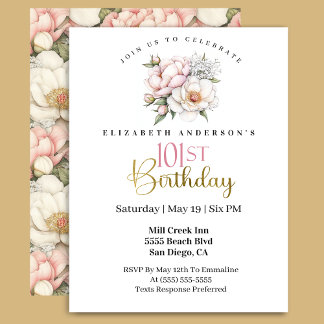 Pretty Blush Pink Peony Floral 101st Birthday Invitation