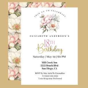 Pretty Blush Pink Peony Floral 18th Birthday Invitation