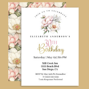 Pretty Blush Pink Peony Floral 30th Birthday Invitation