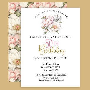 Pretty Blush Pink Peony Floral 50th Birthday Invitation