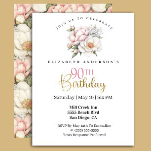 Pretty Blush Pink Peony Floral 90th Birthday Invitation