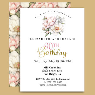 Pretty Blush Pink Peony Floral 90th Birthday Invitation