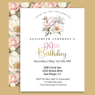 Pretty Blush Pink Peony Floral 99th Birthday Invitation