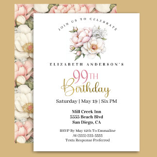 Pretty Blush Pink Peony Floral 99th Birthday Invitation