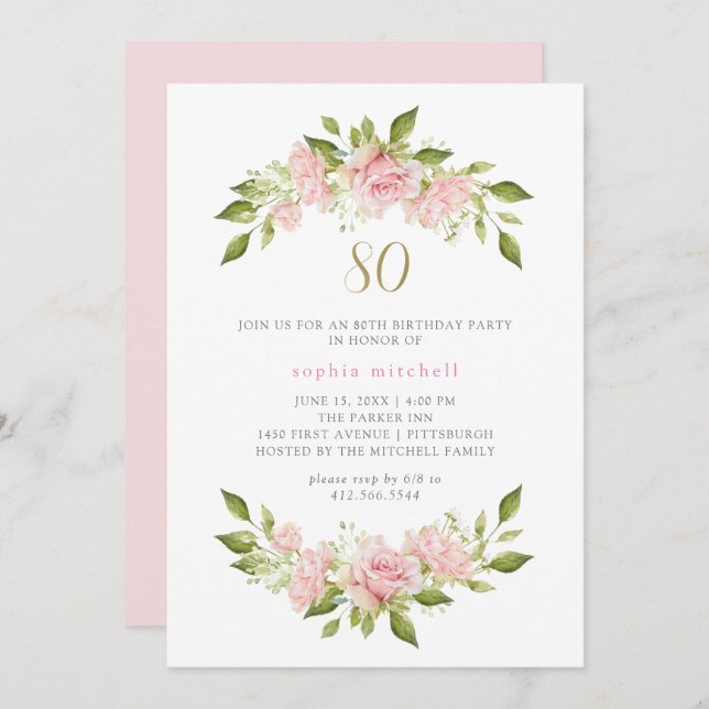 Pretty Blush Pink Roses and Gold | 80th Birthday Invitation (Front/Back)