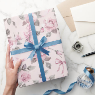 Pretty Blush Pink Roses & Bows Floral Wedding Wrapping Paper