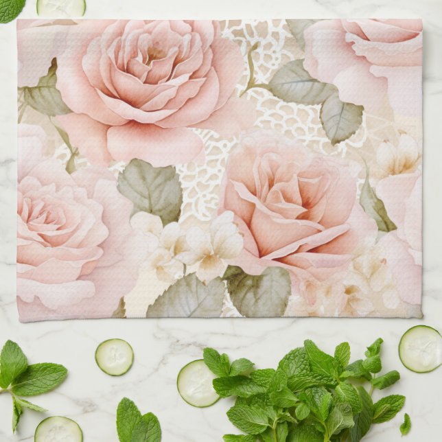 Pretty Blush Pink Roses Floral Bridal Shower Kitchen Towel (Folded)
