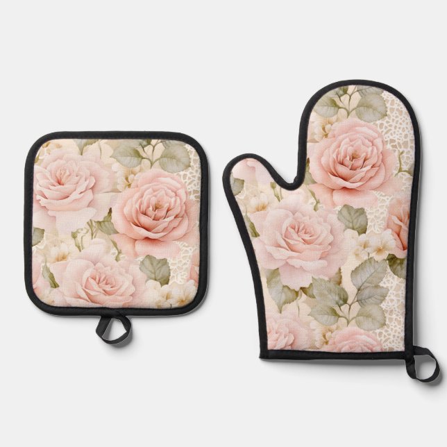 Pretty Blush Pink Roses Floral Bridal Shower Oven Mitt & Pot Holder Set (Front)